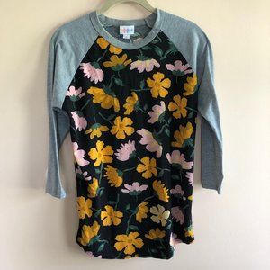 LuLaRoe S Yellow Floral Tee – Gray Sleeves, Stretchy & Soft